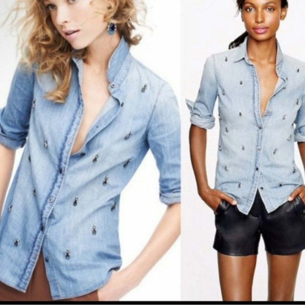 J. Crew Jewelled Denim Chambray Button Down Shirt